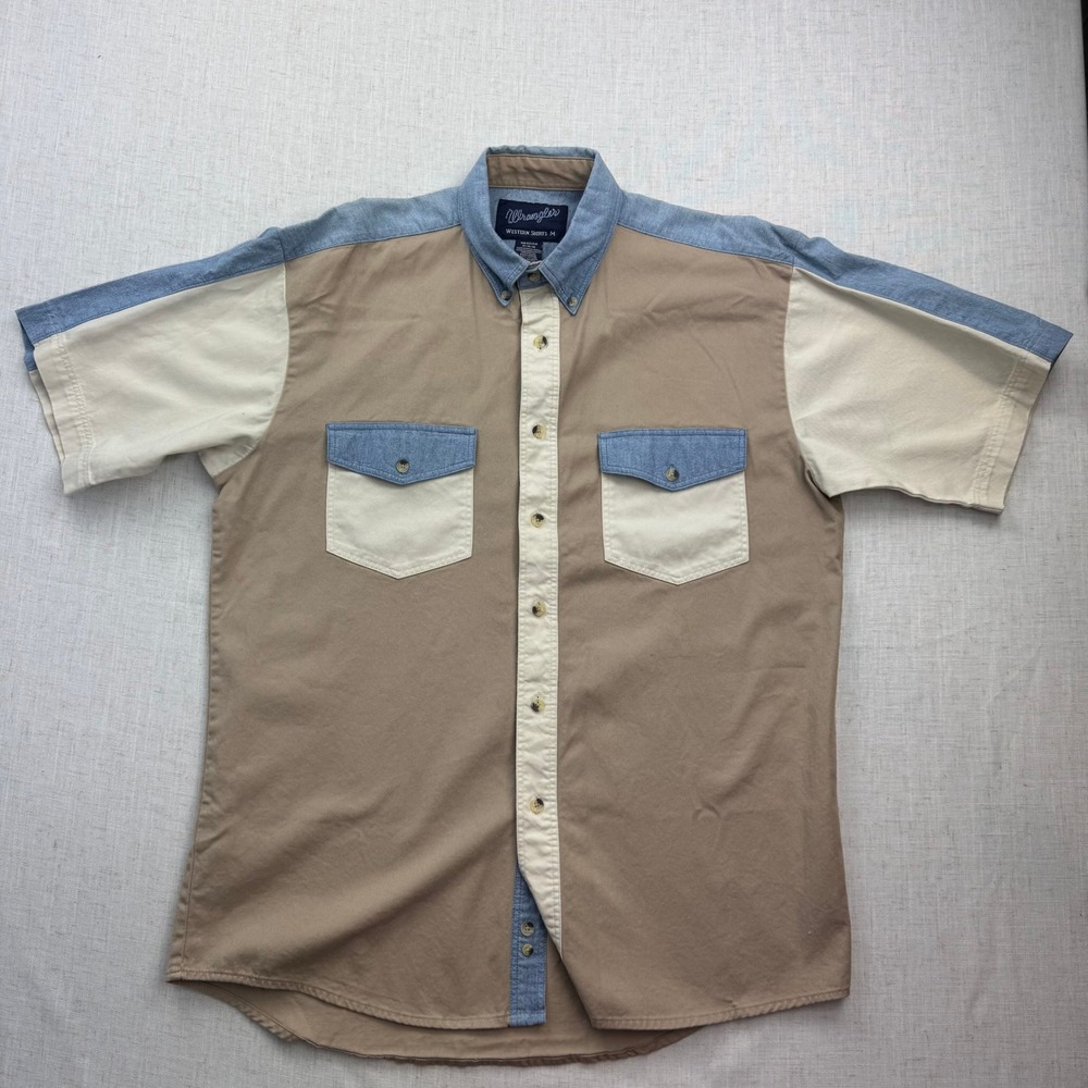 Wrangler Western Shirt Mens Medium Tan Colorblock Short Sleeve Button Down Retro